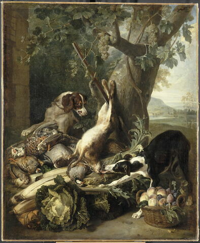 Gibier mort, légumes, fruits et deux chiens, image 2/2