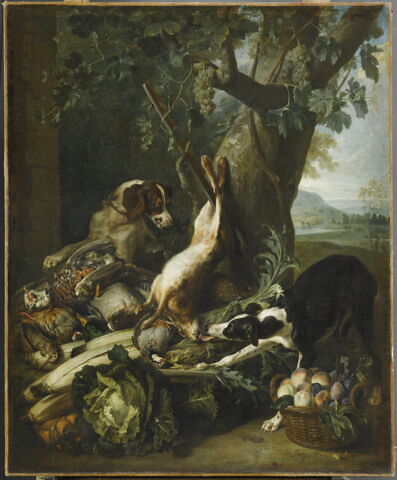 Gibier mort, légumes, fruits et deux chiens, image 1/2