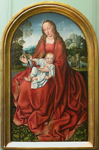 La Vierge à l'Enfant assise sur un muret, sur fond de paysage, image 2/7