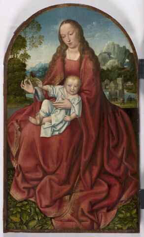 La Vierge à l'Enfant assise sur un muret, sur fond de paysage