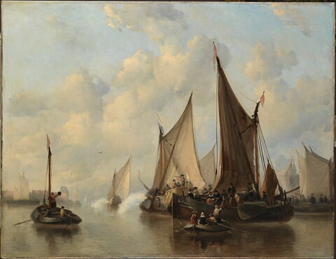 Marine: arrivée de hauts personnages dans un port hollandais du XVIIe siècle