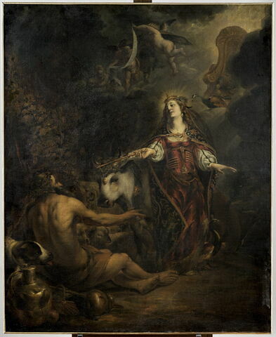 Junon, reine des cieux, descendue de son char, confie Io (sous l'apparence d'une vache) au berger Argus