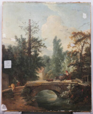 Paysanne et son âne traversant un pont. Ancien titre : Pont et jeune paysanne., image 2/19