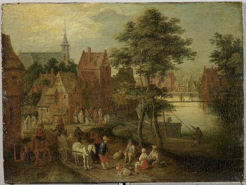Village de Flandre traversé par une rivière avec charrettes sur la route