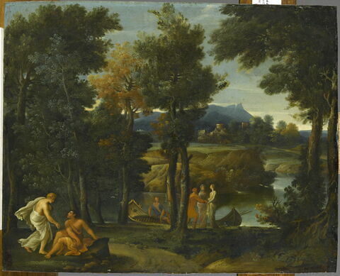 Paysage avec personnages vêtus à l'antique au bord d'une rivière