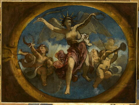 La Gloire distribuant des palmes et des couronnes, esquisse du plafond de l'escalier Mollien au Louvre, image 1/2