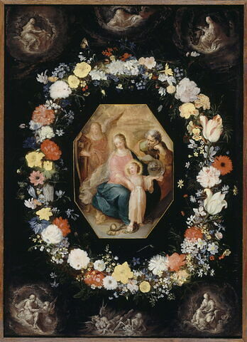 La Sainte Famille entourée d'une guirlande de fleurs, avec les quatre Evangélistes aux angles
