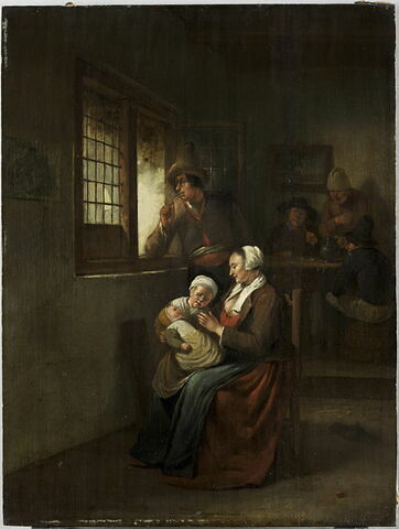 Scène d'intérieur: Femme allaitant son enfant et homme accoudé à une fenêtre