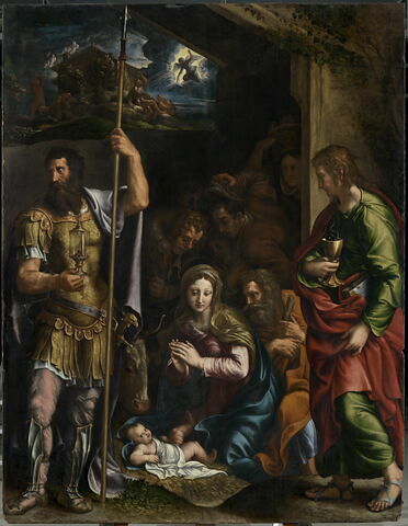 L'Adoration des bergers entre saint Jean l'Évangéliste et saint Longin (dans la partie supérieure, l'Annonce aux bergers), image 1/3