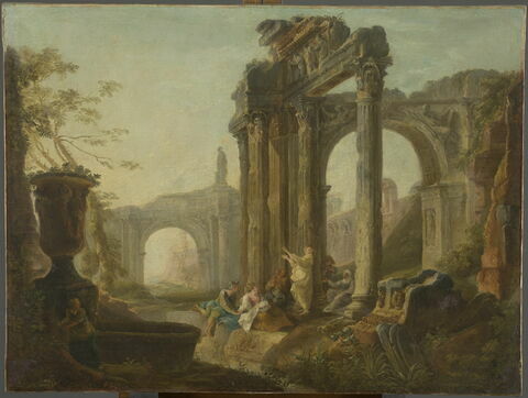 Paysage de fantaisie avec des ruines romaines et un prédicateur