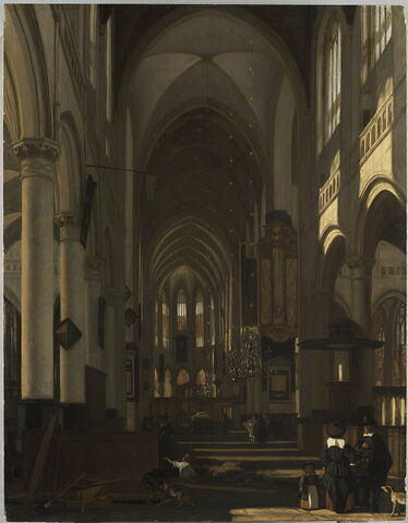 Vue imaginaire d’une église protestante de style gothique, avec un tombeau et diverses figures