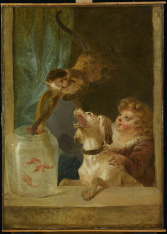 Singe, chien et enfant au bocal de poissons rouges, image 23/24