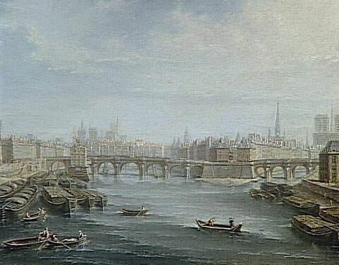 La Seine avant le Pont Neuf, dit aussi La Seine en aval du Pont-Neuf, à Paris, avec à gauche le Louvre et à droite le Collège des Quatre Nations1754, image 5/7