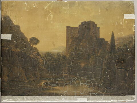 Paysage avec château en ruine et femme au bord de l'eau