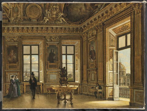 Personnages dans le salon d'Apollon au Louvre avec vue de Notre-Dame