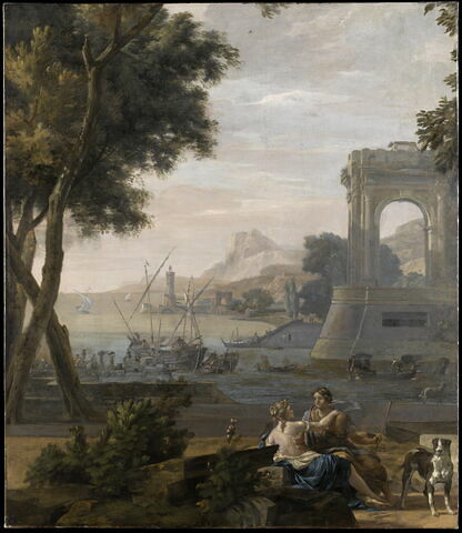 Paysage arcadique avec un port méridional et deux figures féminines mythologiques
