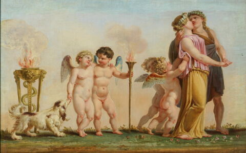 Le Printemps (salon des saisons) couple s'embrassant, amours, chien et feu, image 2/2