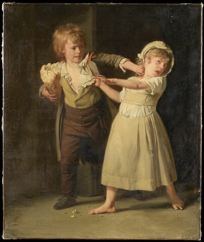 Scène de misère. Deux enfants se disputant un morceau de pain.