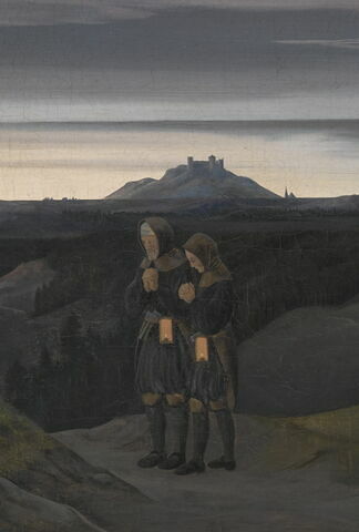 Paysage du Erzgebirge au petit matin, avec deux ouvriers de la mine en prière, avant de descendre dans le puits, image 2/3