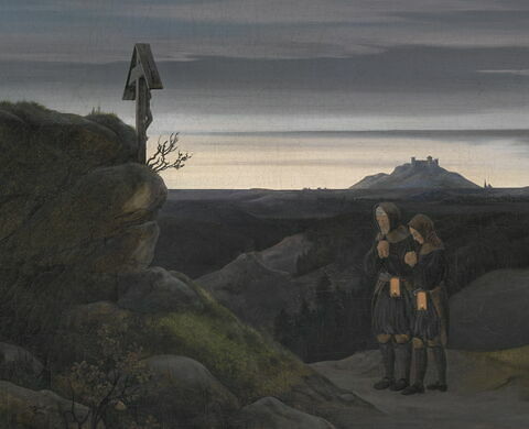 Paysage du Erzgebirge au petit matin, avec deux ouvriers de la mine en prière, avant de descendre dans le puits, image 3/3