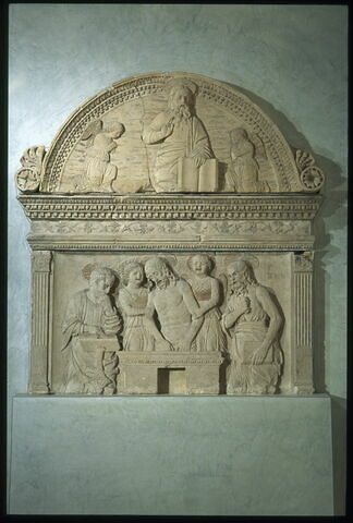 Le Christ mort soutenu par des anges entre saint Jérôme et saint Marc (?). Dieu le père bénissant entre deux anges adorateurs