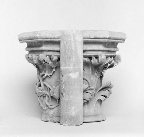 Fragment de colonnette accompagnée d'un chapiteau orné de feuillages, image 1/1