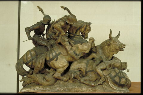 Cavaliers espagnols du 15e siècle, qui, à l’aide de dogues de grande race, donnent la chasse à un taureau sauvage, image 5/8