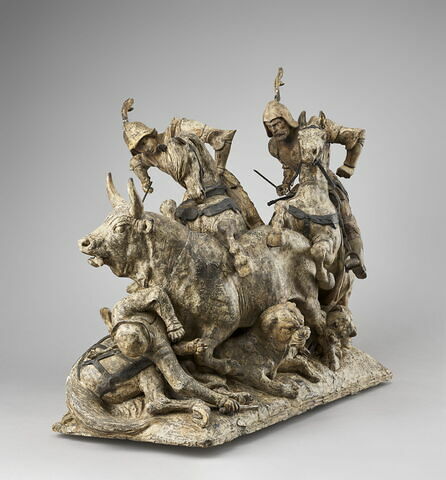 Cavaliers espagnols du 15e siècle, qui, à l’aide de dogues de grande race, donnent la chasse à un taureau sauvage, image 3/8