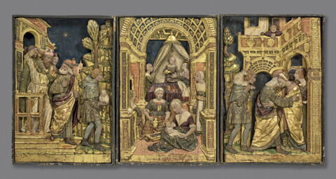 Scènes de la vie de sainte Anne : Joachim chasse du Temple ; La Naissance de la Vierge ; La rencontre d'Anne et de Joachim à la Porte dorée