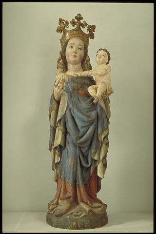 Vierge à l'enfant stylisée oeuvre d'art brut originale sur bois suivant le  grain du bois signé daté encadré de verre recouvert, art éclectique bohème  religieux -  France