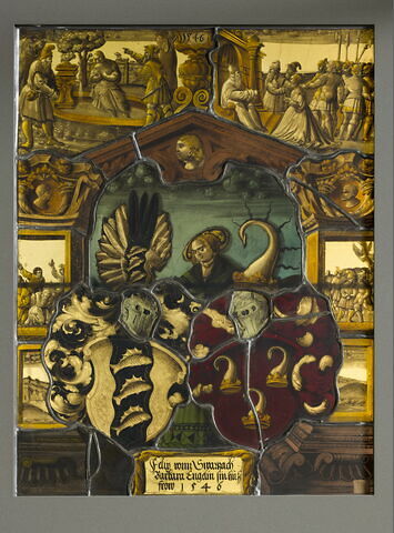 Panneau rectangulaire aux armes de Félix von Schwarzach et de Barbara Engelin : scènes de l'histoire de Suzanne