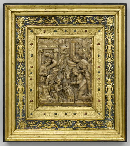 Bas-relief dans un cadre doré : l'Adoration des Bergers