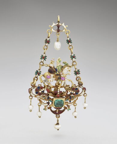 Pendentif en or émaillé : couple sur un cheval