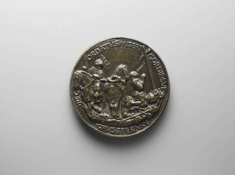 Médaille : buste d'homme tourné vers la gauche / chevalier à genoux au pied d'une croix, image 2/2