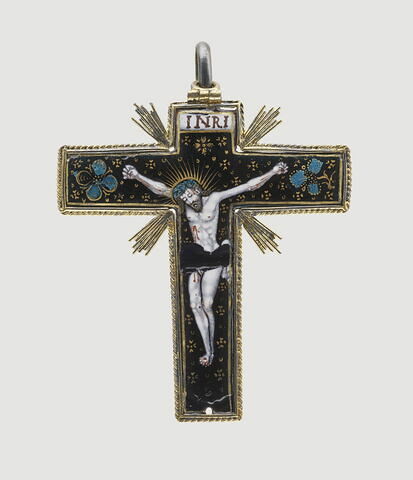 Pendentif en forme de croix : d'un côté le Christ, de l'autre la Vierge