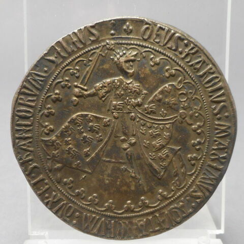 Surmoulage du droit d'une médaille de Charles de France, duc de Guyenne (de 1469 à 1472) et frère de Louis XI : le duc chevauchant