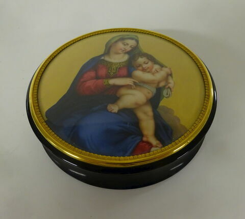 Bonbonnière, couvercle avec miniature : Vierge à l' enfant