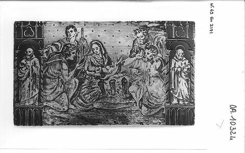 Plaque rectangulaire : Adoration des bergers entre deux statues de saints en niche, image 3/3