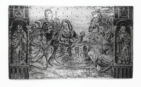 Plaque rectangulaire : Adoration des bergers entre deux statues de saints en niche