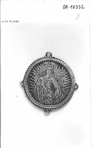 Médaillon d'applique : Vierge à l'enfant tenant un lys, sur fond rayonnant, image 1/1