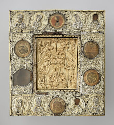 Plaque : Nativité ; Adoration des bergers ; Bain de l'Enfant