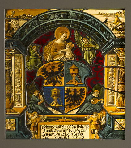 Panneau rectangulaire aux armes de Joachim Schad, surmontées de la Vierge à l'Enfant, avec le baptême du Christ et saint Jean l'Évangéliste à Patmos
