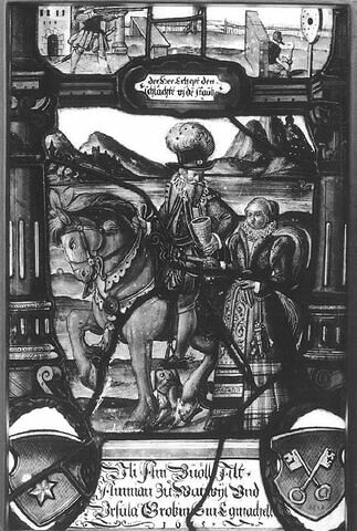 Panneau rectangulaire aux armes d'Ulrich Ambüel et d'Ursula Grob ; dans le registre supérieur : un homme tirant à l'arquebuse