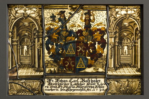 Panneau rectangulaire aux armes de Johann-Carl Balthasar, greffier de Lucerne, et de Margaretha Schumacher, son épouse