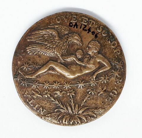 Médaille : Tommaso Rangoni / un aigle (Jupiter) apportant un enfant (Hercule) à une femme nue étendue (Junon), la création de la voie lactée, image 2/2