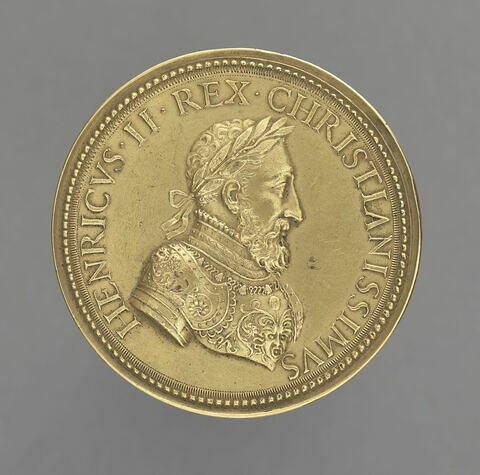 Médaille : Henri II / Henri II en pied avec les attributs de Mars, Mercure et Apollon