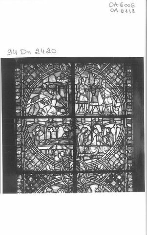Vitrail, médaillon inférieur : scènes de l'histoire de saint Nicaise avec saint Nicaise et sainte Eutropie se dirigeant vers la cathédrale de Reims, arrivée des Vandales, martyre de saint Nicaise, image 7/17