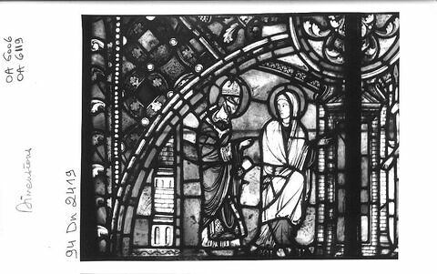 Vitrail, médaillon inférieur : scènes de l'histoire de saint Nicaise avec saint Nicaise et sainte Eutropie se dirigeant vers la cathédrale de Reims, arrivée des Vandales, martyre de saint Nicaise, image 8/17