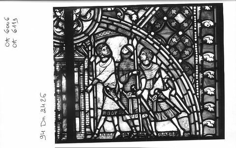 Vitrail, médaillon inférieur : scènes de l'histoire de saint Nicaise avec saint Nicaise et sainte Eutropie se dirigeant vers la cathédrale de Reims, arrivée des Vandales, martyre de saint Nicaise, image 14/17
