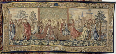 Tenture de la vie de saint Jean-Baptiste en quatre pièces (OA 5414 à 5417) : Les Pieuses femmes de Cosilaon remettant le chef de saint Jean à l'Empereur Théodose